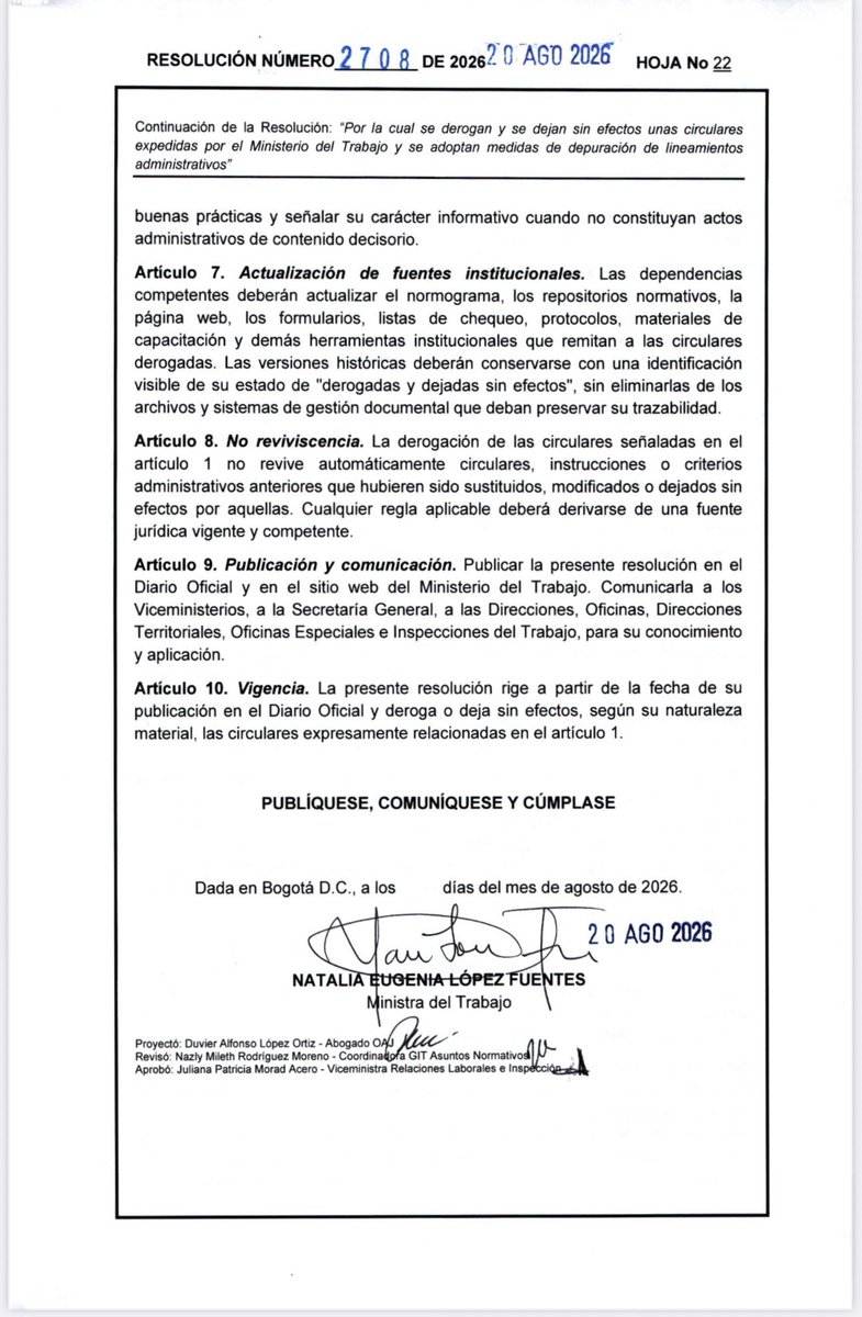 ElizbethCristi7's tweet photo. 🚨 ¡ALERTA COLOMBIA!

La Resolución 2708 deroga 11 circulares del Ministerio del Trabajo:

❌ 0101: jornada, horas extras y recargos.
❌ 0120: fuero de salud.
❌ 0031: equidad de género y cuidado.
❌ 0032: libertad y permisos sindicales.
❌ 0040: jornadas de vigilantes.
❌ 0048: debido proceso en despidos.
❌ 0049: protección a personas con discapacidad.
❌ 0057: contratación justa.
❌ 0086: trabajadores de plataformas.
❌ 0088: negociación sindical.
❌ 0089: trabajo doméstico.

EL TIGRE EMPEZÓ A MORDER…

Y no precisamente para defender a los trabajadores. Mientras hablan de “cambio”, están desmontando herramientas de inspección y vigilancia laboral.

El tigre mostró los dientes. Ahora que el pueblo vea quién termina pagando la mordida.