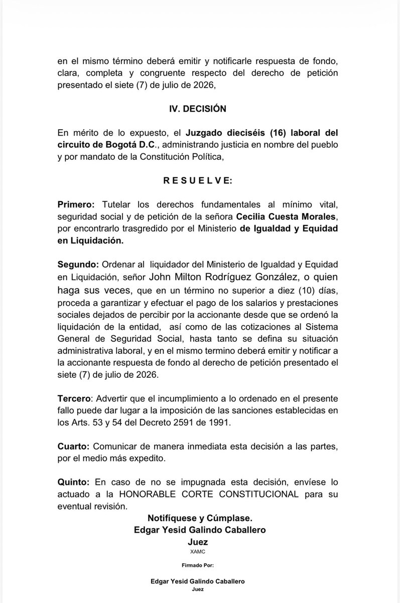 sunetcolofc's tweet photo. @sunetcolofc celebra la decisión tomada por el Juzgado 16 Laboral del Circuito de Bogotá, al ordenar al liquidador de @MinIgualdad_Col garantizar y efectuar pagos de salarios a nuestra compañera @CeciliaCuestaMorales.
#SunetSuSindicatoEstatl https://t.co/zpuREHq0x9