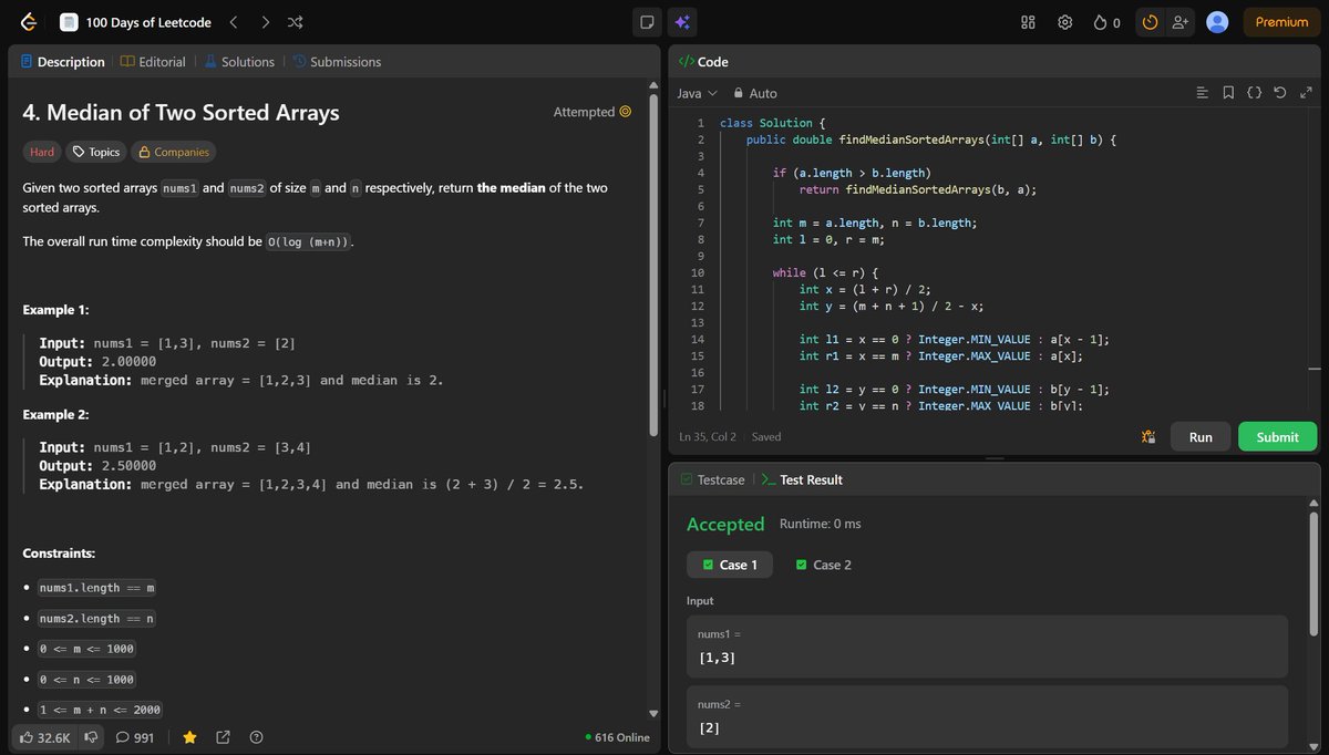 Inavish_Buttar's tweet photo. Day 9/100 - 100 Days of LeetCode 🚀
Median of Two Sorted Arrays (LeetCode #4)
Solved and submitted ✅
Thanks to DSA with EdSlash for the roadmap.
#100DaysOfLeetCode #DSAwithEdSlash #LeetCode #CodingChallenge https://t.co/PXoQ0VxLIT