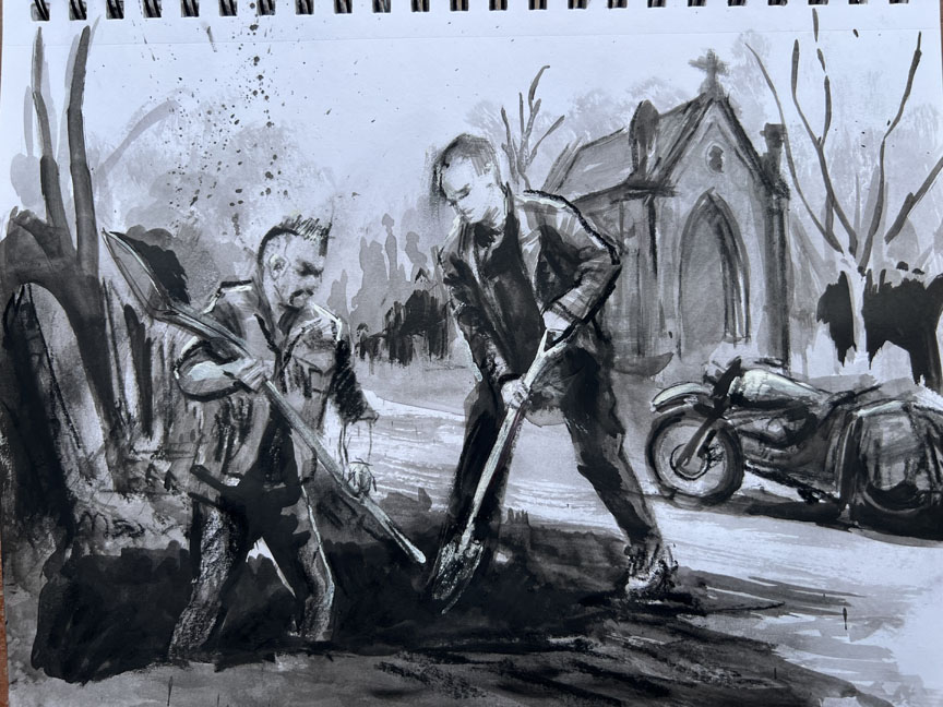 dwightcushman's tweet photo. Some recent ink and wash studies exploring traditional memorial themes and subculture. I think there is something really fun about the visual contrast of leather jackets, mohawks, and heavy boots juxtaposed with solemn rituals and quiet farewells.
#rocknroll #funeral #rebel https://t.co/gJStS7Snfp