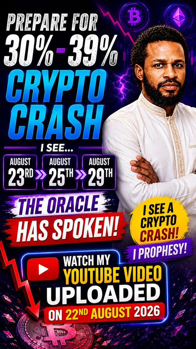 ExploitsTrading's tweet photo. https://t.co/Bl3Hsox9Ka

Watch my YouTube video, I see a crash coming for BTC and the whole Crypto space and I see this dates and I prophesy. https://t.co/54TiTGue02