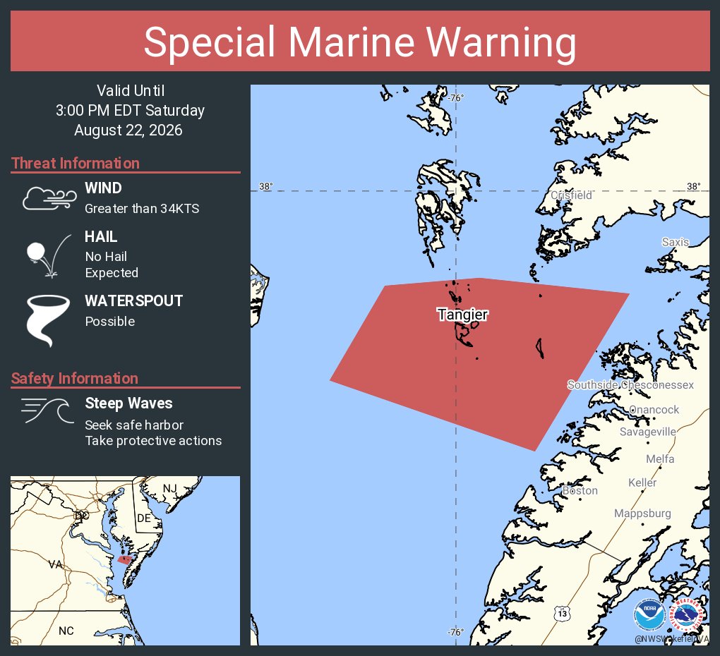 NWSWakefieldVA's tweet photo. Special Marine Warning including the Chesapeake Bay from Smith Point to Windmill Point VA until 3:00 PM EDT https://t.co/8UWxPYz5ll