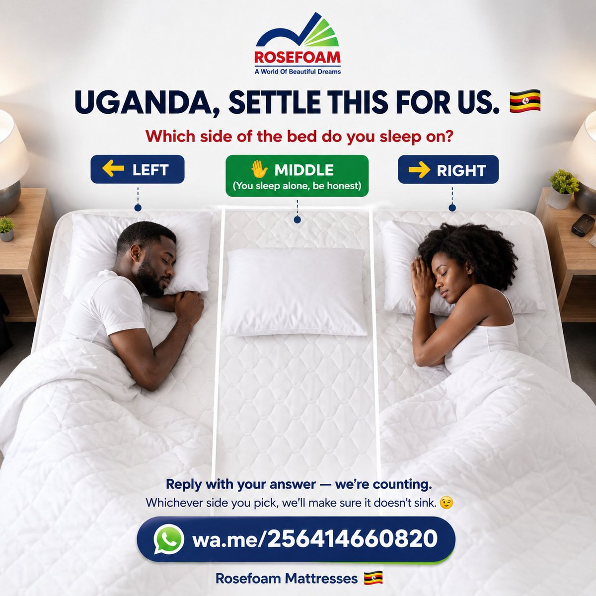 RosefoamMattres's tweet photo. Uganda, settle this for us. 

Which side of the bed do you sleep on?
👈 Left
👉 Right
🙋 Middle >>you sleep alone, be honest<<<
Reply with your answer we're counting.

Whichever side you pick, we'll make sure it doesn't sink. 
Rosefoam Mattresses 
📲https://t.co/5hB6sWAnLx