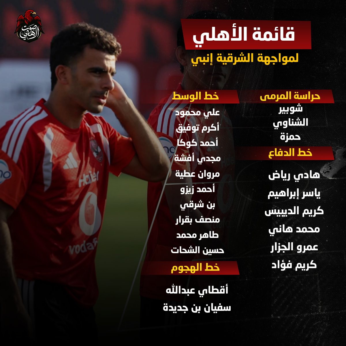 AlahlyVoice72's tweet photo. القائمة الأولى لفريقنا هذا الموسم في الدوري المصري 🦅🚨

زيزو جاهز لمواجهة الشرقية إنبي وغياب إمام عاشور✅ https://t.co/y2TgKmHfNS