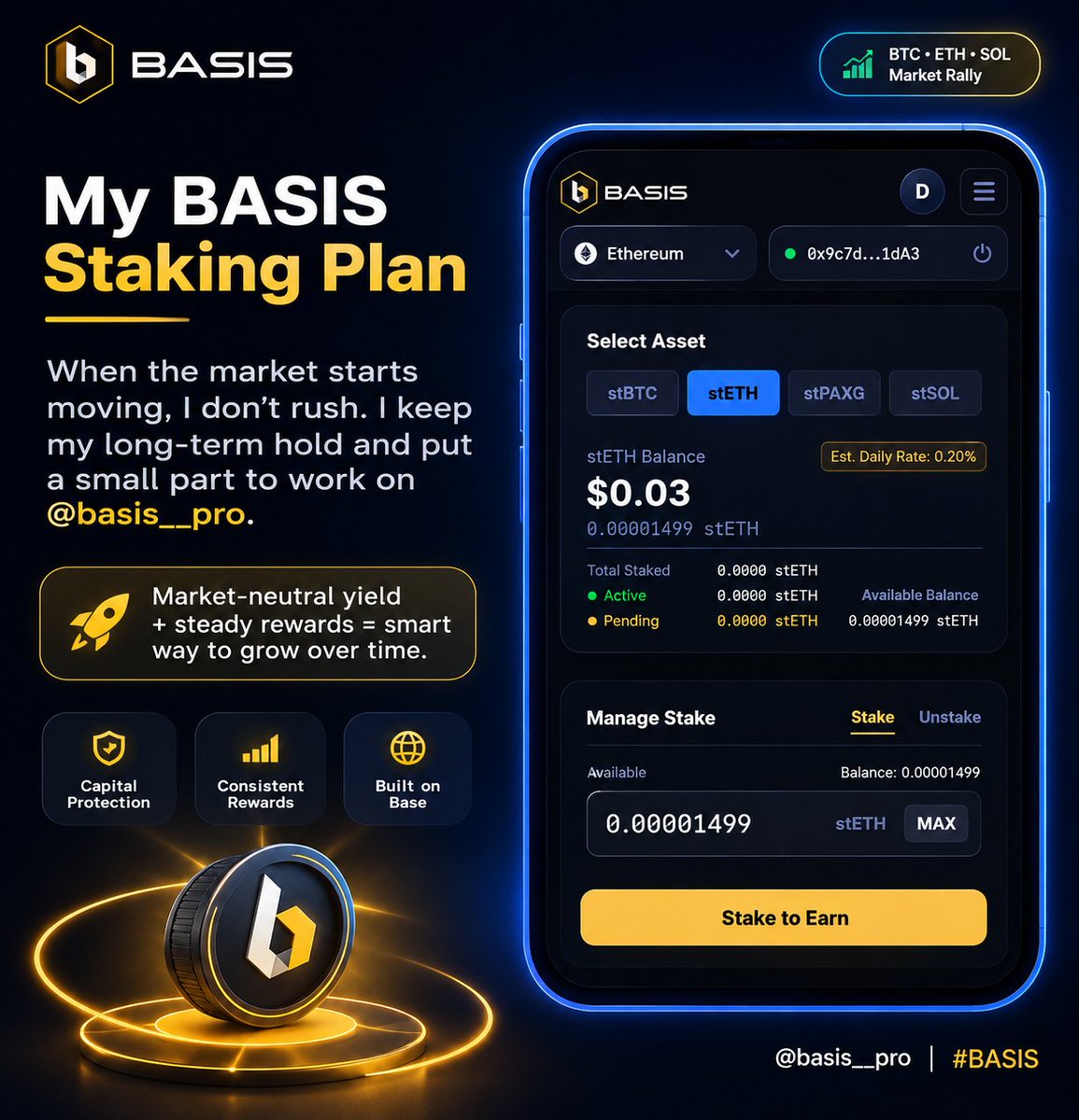 enemonajame's tweet photo. The market is moving, but my plan is not changing just because BTC, ETH and SOL are having a good run

I’m still thinking long term. I’d rather keep my main holdings untouched and put a smaller part of my ETH to work instead of just letting it sit there

That’s where @basis__pro fits into my plan

I like the idea of earning from my staked ETH while keeping my focus on the long game. I’m not trying to predict every pump or dump, I’m trying to make the assets I already plan to hold work a little harder

For me, the bull market isn’t a reason to change the plan. It’s a reason to stick to it. #BASIS