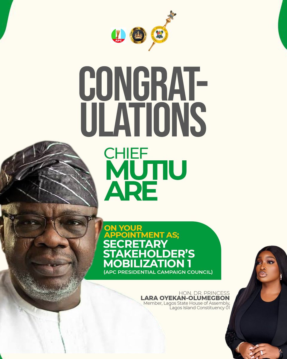 honlaraoyekan's tweet photo. Heartfelt congratulations, Chief Mutiu Are.

I am truly proud of this well-deserved appointment as Secretary, Stakeholder’s Mobilization 1 of the APC Presidential Campaign Council.

 Wishing you every success, wisdom, and greater heights as you serve the party and our dear nation.

 God bless you, Sir.