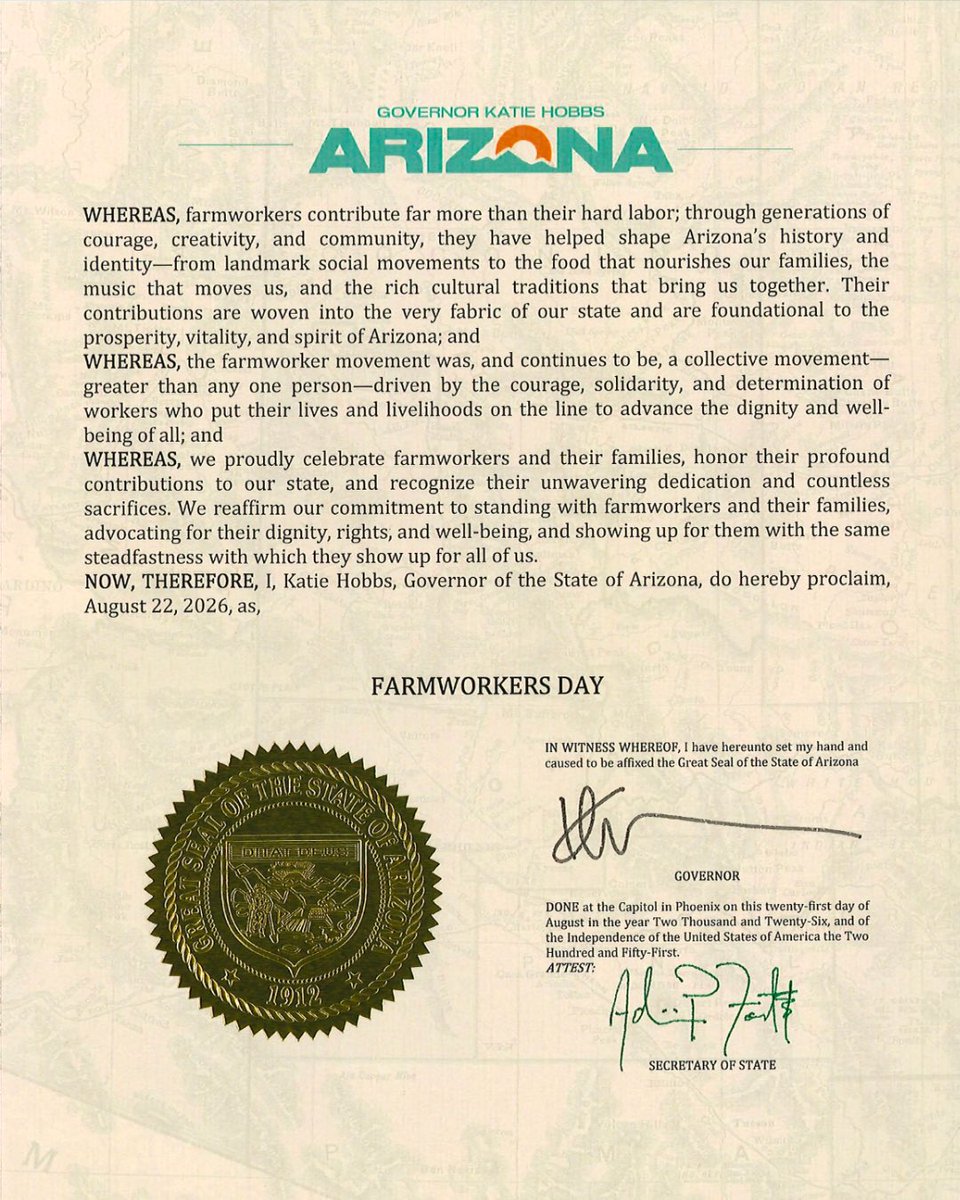 GovernorHobbs's tweet photo. Farmworkers contribute far more than their hard labor; through generations of courage, creativity, and community, they have helped shape Arizona’s history and identity. Today, I am proud to proclaim Farmworkers Day in Arizona to honor these contributions, which are woven into the very fabric of our state and foundational to our prosperity, vitality, and spirit.