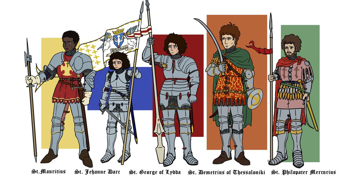 gallon_of_beans's tweet photo. different European Saints in 15th century armor
( Mightve taken some creative liberties on the last two )
Saints in the piece:
St. Mauritius
St. Jehanne Darc 
St. George of Lydda 
St. Demetrius of Thessaloniki 
St.  Philopater Mercurius
.
.
.
.
.
#art #medieval #medievalart https://t.co/Ld0q0YDSNi