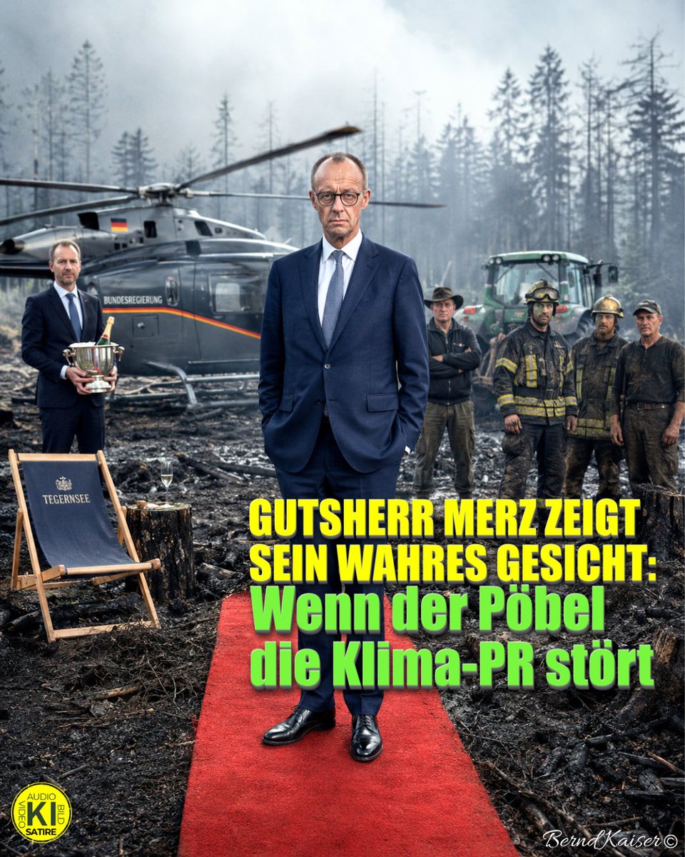 Bernd_Kaiser_BD's tweet photo. Es gibt Kanzler, die sich in Krisenzeiten Gummistiefel anziehen, um anzupacken. Und dann gibt es Friedrich Merz.

Nach drei Wochen gepflegter Entspannung in der vom BKA auf Steuerzahlerkosten kugel- und abhörsicher hochgerüsteten Tegernsee-Villa schwebt der Kanzler standesgemäß im Helikopter über das verkohlte Waldbrandgebiet im Hürtgenwald ein. 
Man will dem Pöbel ja schließlich nicht auf Augenhöhe begegnen, sondern ihm lieber von oben herab die Leviten lesen.

Ein Waldbrand, der nachweislich fast immer durch menschliches Versagen oder Brandstiftung entfacht wird, dient ihm als willkommene Kulisse, um uns eine grüne Märchenstunde vom unausweichlichen Klimawandel zu predigen. 
Doch die Realität stört die PR-Inszenierung gewaltig: 
Pfeifende Bürger und hupende Landwirte, die in ihrer Freizeit mit schwerem Gerät und auf eigene Kosten geholfen haben, das Schlimmste zu verhindern, empfangen den Kanzler.

Wie reagiert ein Regierungschef mit politischem Instinkt? Er bedankt sich, sucht den Dialog, zeigt Demut. 
Wie reagiert Friedrich Merz? 
Mit der bockigen Arroganz eines Gutsherren. 
„Ich spreche mit denen, die arbeiten“, schnauzt er den wütenden Bürgern entgegen. 
Welch unfreiwillige Komik aus dem Mund eines Mannes, dessen härteste Arbeit der letzten Wochen darin bestand, den perfekten Liegestuhl-Winkel am See zu finden. 
Wer den wahren Leistungsträgern dieses Landes indirekt den Fleiß abspricht, weil sie es wagen, ihren Unmut über eine desaströse Politik lautstark kundzutun, hat den Kontakt zur Lebensrealität vollständig verloren.

Aber kognitive Dissonanz scheint ohnehin das neue Leitmotiv dieser CDU zu sein. 
Kaum aus dem Hubschrauber gestiegen, gratuliert Merz dem Thüringer CDU-Chef Mario Voigt herzlich zur Wiederwahl. 
Zur Erinnerung: Das ist der Mann, dem die TU Chemnitz wegen hunderter Plagiatsstellen gerade erst krachend den Doktortitel aberkannt hat. 
Akademischer Betrug ist in der Union offenbar kein Karrierehindernis mehr, sondern ein Gütesiegel.

Dieser Kanzler lebt in einer völlig entrückten Blase. 
Er predigt Verzicht, fliegt im Hubschrauber ein, verachtet den Protest der bürgerlichen Mitte und feiert entlarvte Plagiatoren. 
Wer die eigenen Bürger wie lästige Störenfriede behandelt, darf sich nicht wundern, wenn ihm das Land endgültig entgleitet.

Die Union unter Merz ist die Vollendung von Merkels Erbe: 
arrogant, bürgerfern und gnadenlos selbstgerecht. 
Die Quittung für diese bodenlose Respektlosigkeit wird kommen. 
Wohl bekomm’s – schnallt euch an, das wird ein heißer Herbst.

#Merz #Hürtgenwald #CDU