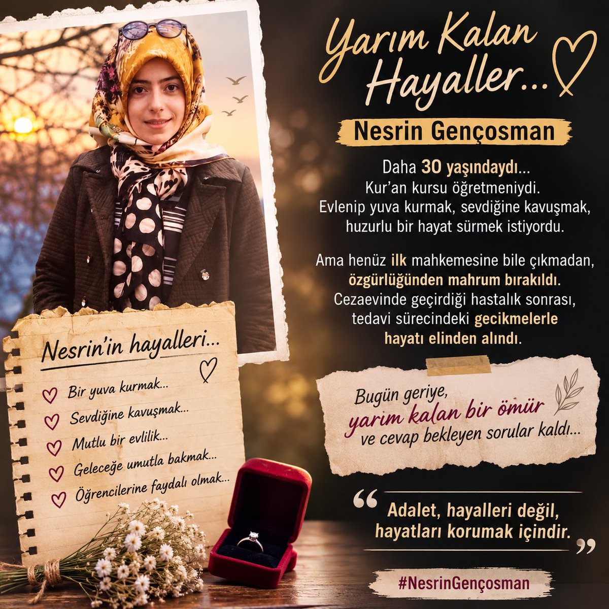 mosquitoo35's tweet photo. @KytlSevenleri01 Nesrin Gençosman FE.Ö iftirası ile tutuklandi. Mahkemeye bile cikamadan cezaevinde hayatini  kaybetti. Bu masumlar icin sessiz kalirsak hukuksuzluk daha da buyur ve bizi de sarar.
YarımKalan Hikayeler https://t.co/nYTFGy5Gwb