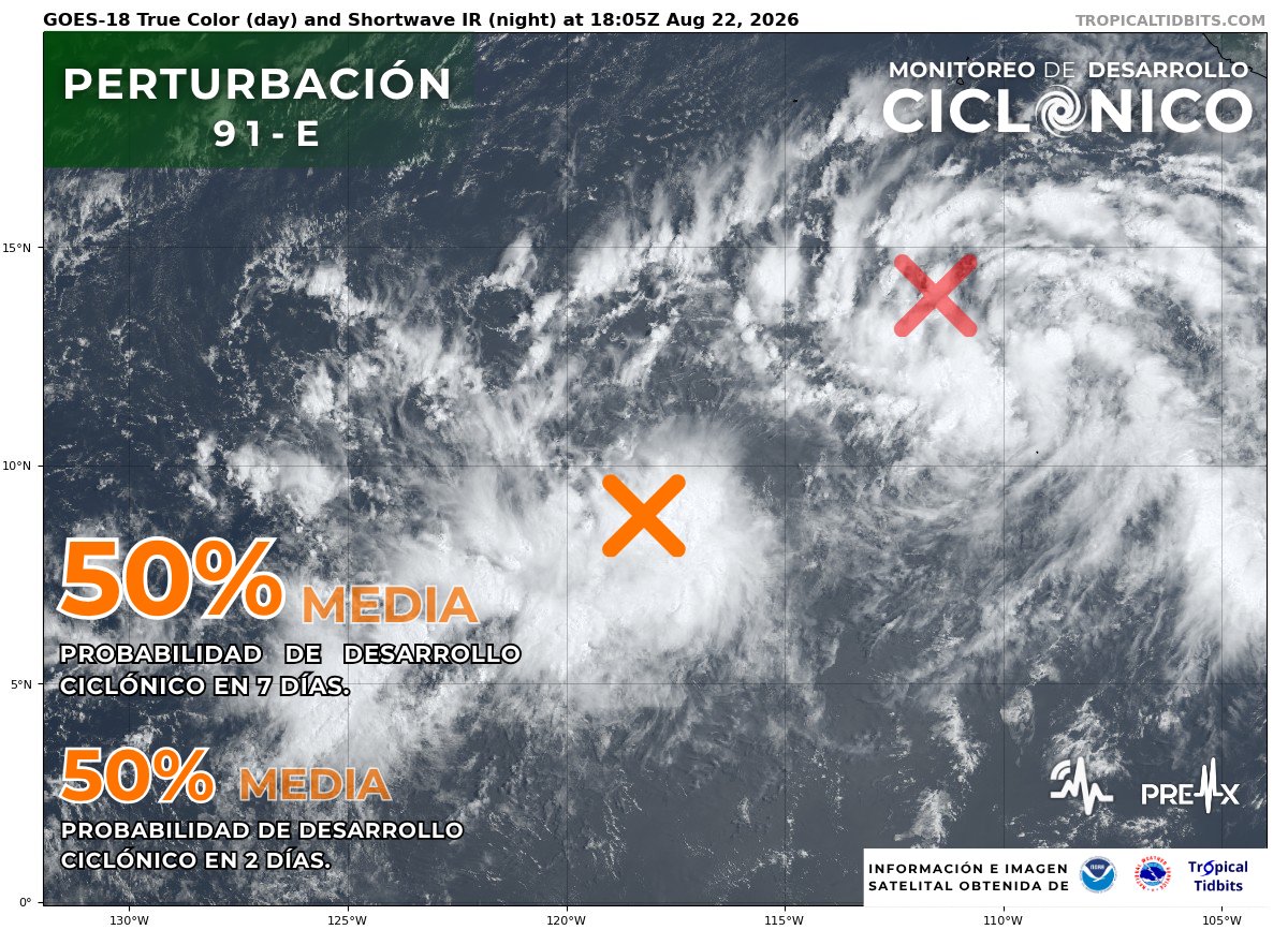 SasslaClimaMx's tweet photo. 2️⃣🟠 Perturbación #91E: Desarrollo gradual a #DepresiónTropical antes de interactuar o fusionarse con la #92E.

3️⃣🟠 Lejano a México: Se prevé una nueva baja presión al sur de #BCS a mediados de la próxima semana, con desarrollo lento a #DepresiónTropical (40% a 7 días). 📈

2/3 https://t.co/zqwWsJh5vD