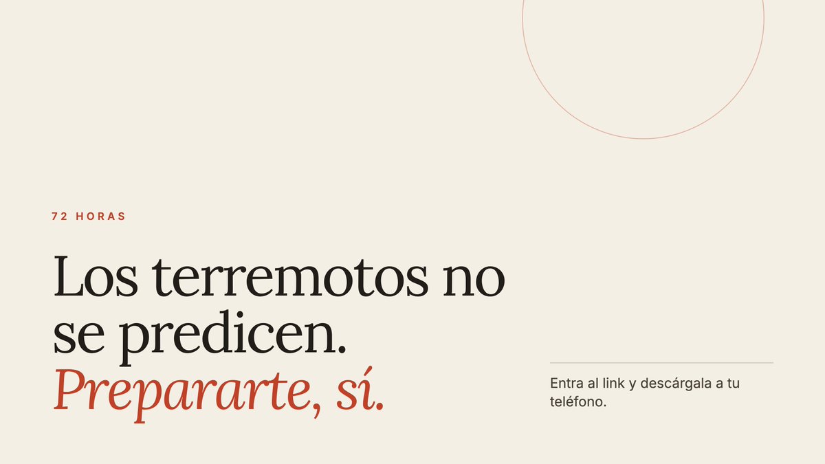 mullercardenas's tweet photo. Estuve trabajando en una app de preparación ante sismos y me gustaría que le des una mirada.

Se llama 72 Horas —el tiempo que uno debería poder aguantar por su cuenta después de un terremoto—. Contestas unas preguntas y te arma tu plan y tu lista de mochila con las cantidades para tu familia. 

Además tiene:

•⁠  ⁠Lista de sismos locales y de la región
•⁠  ⁠Guía para sismos y tsunamis dependiendo dónde vivas
•⁠  ⁠Mensajes predeterminados con ubicación para enviar a tus contactos de emergencia

Es gratis, no pide cuenta ni correo, y funciona sin señal.

Entra al link y descárgala en tu teléfono 👉 https://t.co/alyoNaK06R

❗️ Está en Beta, así que si algo se ve raro o alguna información no está correcta, compártelo conmigo para ir mejorándola.

#sismos #ecuador #terremoto #preparacion #temblor