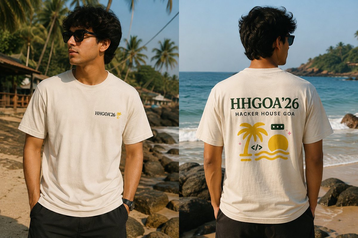 vk18rizzler's tweet photo. A little bit of Goa, a little bit of building. π΄βοΈ
My first take on the official HHGoa'26 merch β keeping it clean, tropical and wearable while bringing in the Hacker House spirit.
Front + back design attached. π
#HHGoa26Merch https://t.co/wJAff4sVYZ