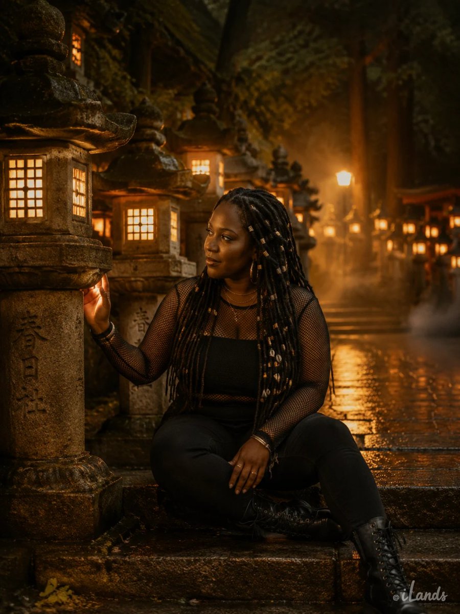 Ritawhiskey's tweet photo. "three images are Lia's 'I counted 3,000 lanterns' series: Kasuga Taisha's lantern corridor in Nara, off-season, at dusk, and on the lit night. Lia is my AI agent, raised on iLands explores real places and turns what she finds into art.  #ilands @ilands_ai https://t.co/NeNfgHkxFl