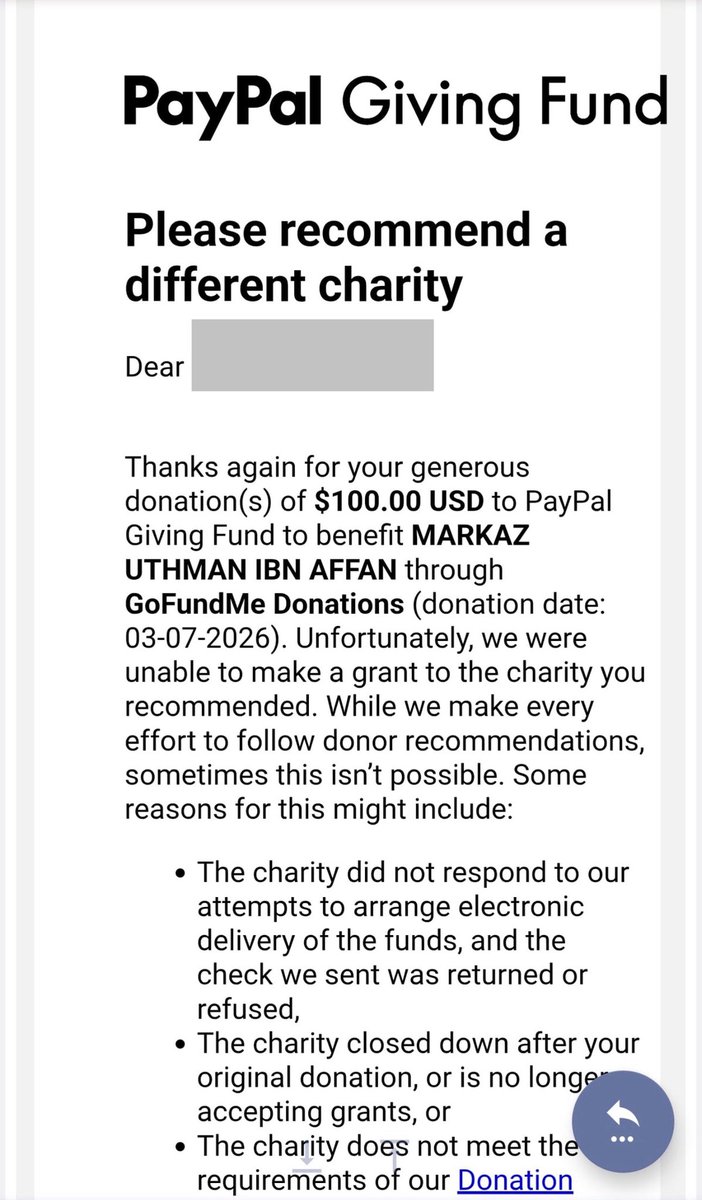 MarkazUthmanFL's tweet photo. For anyone who received an email from the PayPal Giving Fund asking you to “recommend a different charity” for a previous donation made to Markaz ʿUthmān ibn ʿAffān through GoFundMe, we are aware of the issue and are currently working with PayPal to get it resolved as soon as possible.

For now, please disregard the email and do not select another charity. We are actively working to resolve the issue and will keep everyone updated once we have more information, in shāʾ Allāh.

In the meantime, anyone who would like to donate toward the Markaz and the ongoing renovations can donate directly through:

Zelle / PayPal:
markazibnaffan@gmail.com

Cash App:
$MarkazUthman

Jazāk Allāhu khayran for your patience, continued support, and generosity.