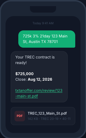 TxtAnoffer's tweet photo. This is the whole workflow. Text your offer terms, get your TREC 20-19 back in about 10 seconds. No app, no login, no card.

https://t.co/zev4BprBJ7 https://t.co/DeRbN5q7LU
