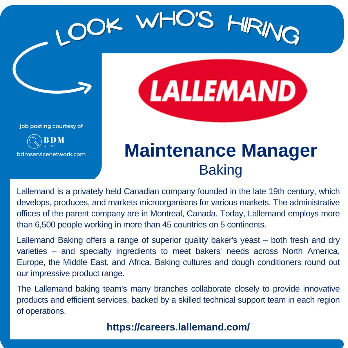 jobsfrombdm's tweet photo. 🦅 #JobAlert 🇺🇸
Maintenance Manager 🔧
📍 Memphis, Tennessee
→ Lallemand (Baking)

📄 For job description and to apply, visit 🔗 https://t.co/9B9ckRt8Xt 

#TennesseeJobs #MemphisJobs #MaintenanceManager #MaintenanceManagement #MaintenanceJobs #PlantMaintenance #IndustrialMaintenance #ManufacturingJobs #Manufacturing #EngineeringJobs #MechanicalEngineering #ElectricalMaintenance #PreventiveMaintenance #ReliabilityEngineering #FacilitiesManagement #FoodManufacturing #OpportunityAlert #Hiring #HiringAlert #Jobs #Careers #HiringNow #NowHiring