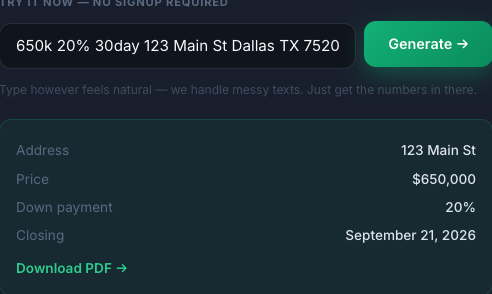 TxtAnoffer's tweet photo. Ran a live demo just now: "650k 20% 30day 123 Main St Dallas TX" in, full TREC contract details out. That's the whole process.

Try it free, no signup required: https://t.co/zev4BprBJ7 https://t.co/IvqVUieryX