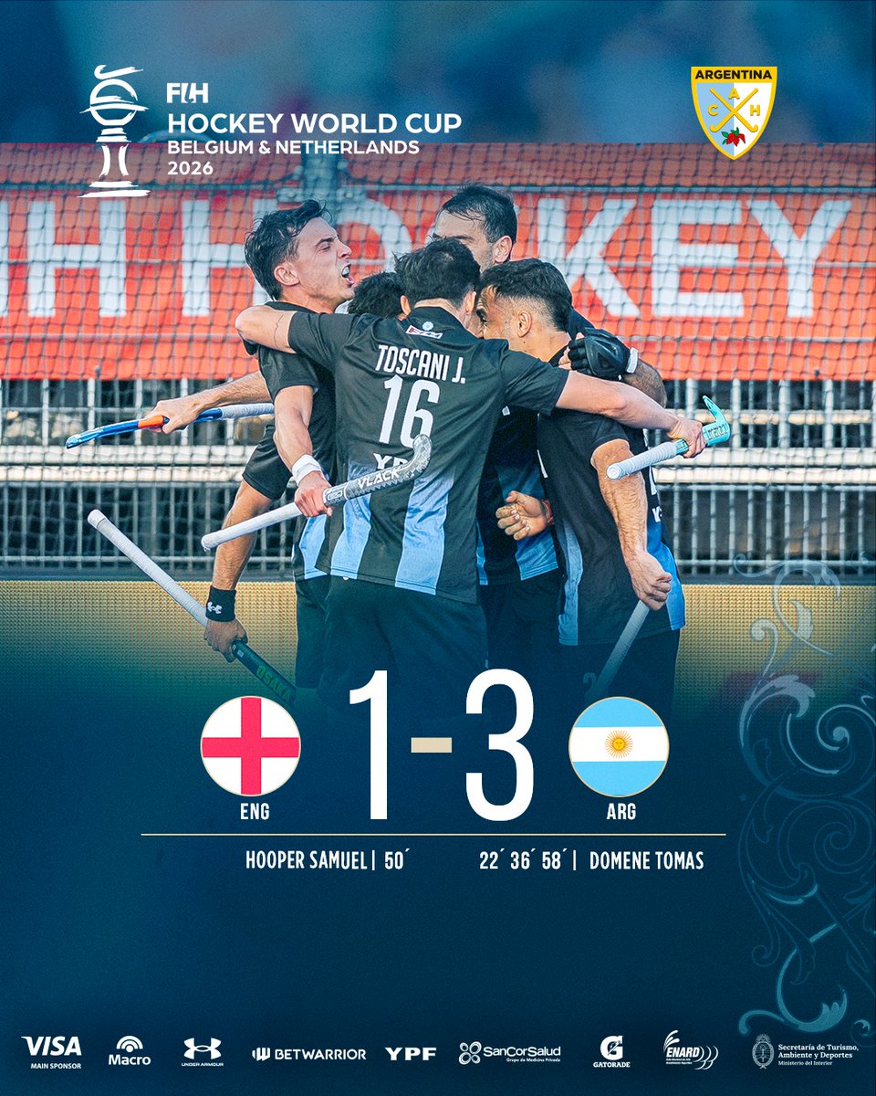 ArgFieldHockey's tweet photo. LA ILUSIÓN INTACTA 🇦🇷

El conjunto nacional venció a Inglaterra en el inicio de fase 2 del Mundial 2026 con hat-trick de Tomas Domene. El próximo lunes irán en búsqueda de la clasificación a semifinales.

🗓 Sábado 22 de agosto.

¡Vamos, Leones!

🤜🏻🇦🇷🤛🏻 https://t.co/Sol1FE7SeQ