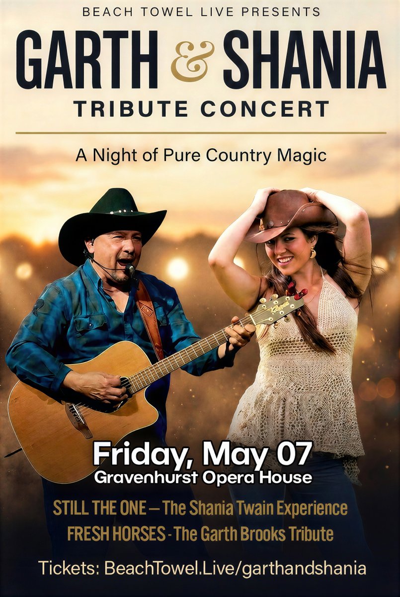 BeachTowelLive's tweet photo. 🎶 GRAVENHURST — tickets are on sale now! 🎶

The Garth & Shania Tribute rolls into Muskoka, bringing the biggest country anthems of a generation to the stage for one unforgettable night.

Don't miss it — grab your tickets here 
👉 https://t.co/SRrBsvO9lI

#Gravenhurst #Muskoka #GarthAndShania #CountryMusic #TributeConcert #LiveMusic