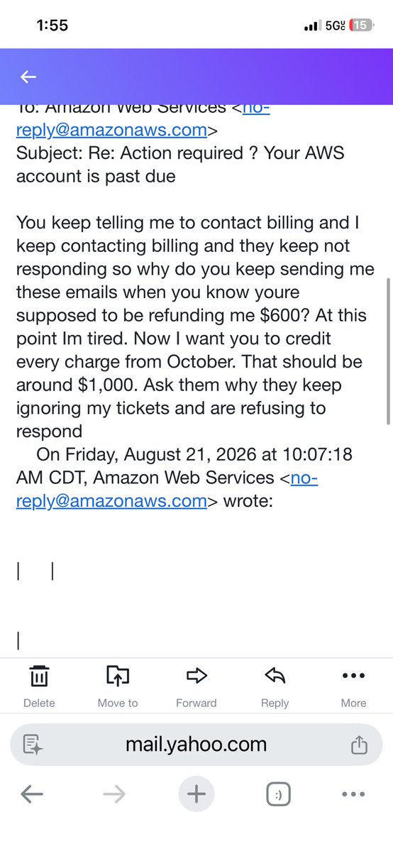 mdw864's tweet photo. Does anyone have another way to get in touch @awscloud I’ve emailing them and opening support tickets ever since February but they have never responded. 

And they keep sending this message whenever I respond to their emails https://t.co/HFIGslLZzl