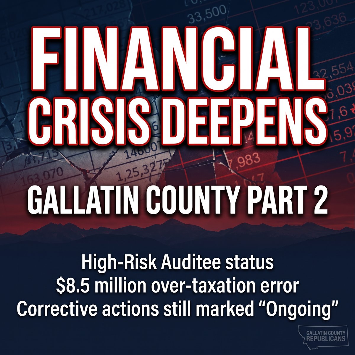 GallatinRepubs's tweet photo. Gallatin County’s financial crisis deepens.
High-Risk Auditee status. $8.5 million over-taxation error. Another Disclaimer of Opinion likely for FY2024.
Taxpayers are left holding the bag.
Full story → https://t.co/kvaxaMn2De
#GallatinCounty #MTPolitics https://t.co/vJGeBPG4pz