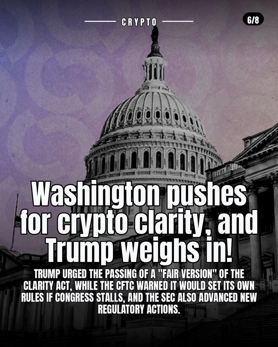 Daily_tech_new's tweet photo. Washington pushes for crypto clarity, and Trump weighs in!

Trump urged the passing of a "fair version" of the Clarity Act, while the CFTC warned it would set its own rules if Congress stalls, and the SEC also advanced new regulatory actions. https://t.co/v9X3Z3Wdjz