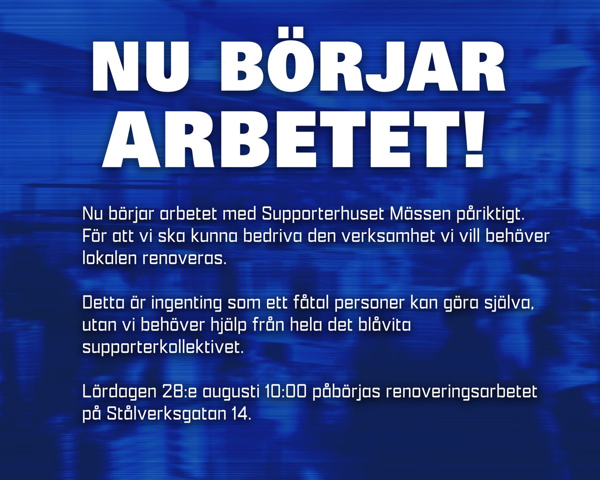 massengbg's tweet photo. NU BÖRJAR ARBETET!

Lördag 29:e augusti 10:00 sätter vi igång! Stålverksgatan 14. Vi behöver all hjälp vi kan få!

#ifkgbg https://t.co/xCeu6KI46M