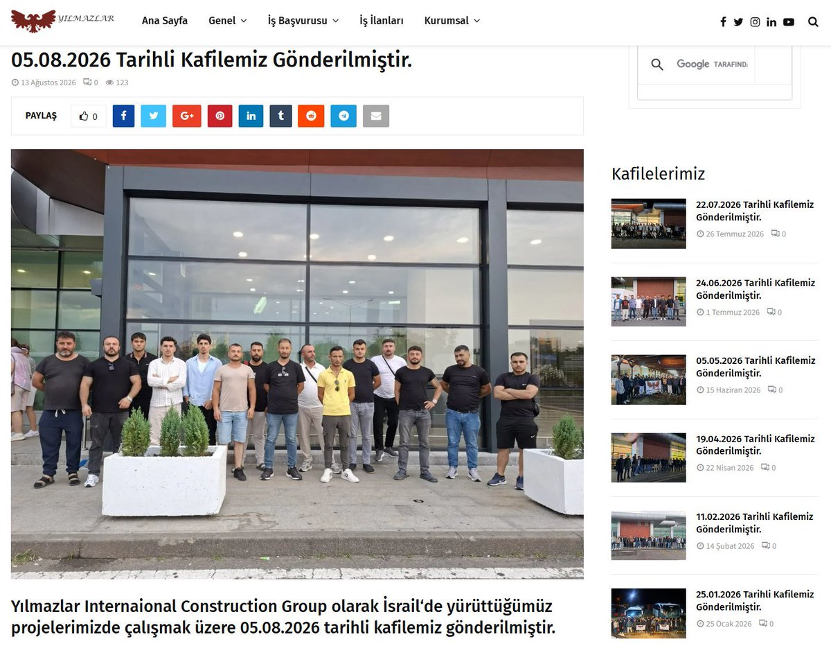 akincimecra's tweet photo. 🔴 İŞGALCİ İSRAİL’DE İNŞAAT YAPAN İŞBİRLİKÇİ "YILMAZLAR HOLDİNG" İFŞA EDİLDİ!

Gazze ve Batı Şeria’da işgal, yıkım ve mülk gaspları devam ederken; Türkiye merkezli Yılmazlar Holding’in (Yılmazlar İnşaat / Yilmazlar Construction Group) İsrail’deki faaliyetlerini sürdürdüğü ortaya çıktı. Şirketin, son olarak 13 Ağustos 2026 tarihinde Türkiye’den yeni bir işçi kafilesini inşaat projelerinde çalıştırılmak üzere İsrail’e gönderdiği tespit edildi.

Açık kaynak verilerine ve şirket yapılanmasına göre; Yılmazlar Holding ile Yeni Türkiye Partisi (YTP) arasındaki yakın bağlar dikkat çekiyor. Şirket iletişim bilgilerinde adı geçen Tarık Şahan’ın YTP’de “Parti Meclis Üyesi” olduğu, sosyal medya hesaplarında şirket adını kullanan Ferdi Doğantekin’in ise İsrail’de aktif görev yaptığı görülüyor. Şirkette çalışan isimler arasında Türk Yahudisi Nesim Gayus da yer alıyor.

Şirketin kurucusu ve YTP Genel Başkanı Ahmet Reyiz Yılmaz, kamuoyunda kendisini "İsrail'deki Son Osmanlı" gibi garabet tanımlamasıyla biliniyor. Yılmaz, daha önce yaptığı açıklamalarda Türkiye ile İsrail arasında ortak bir güvenlik anlaşması yapılması gerektiğini savunmuş, iki ülkeden birine yapılan saldırının diğerine yapılmış sayılmasını ve bölgedeki direniş gruplarına karşı ortak tavır alınmasını teklif etmişti.

Kamuoyunda tepkiyle karşılanan bu tablo karşısında, işgal altındaki Filistin topraklarında yapılan inşaat projelerine iş gücü ve ekonomik kaynak sağlayan tüm yapı ve şirketlerin yetkililerce incelenmesi, hukuki süreçlerin başlatılması çağrısı yapılıyor.

@abakingurlek @adalet_bakanlik