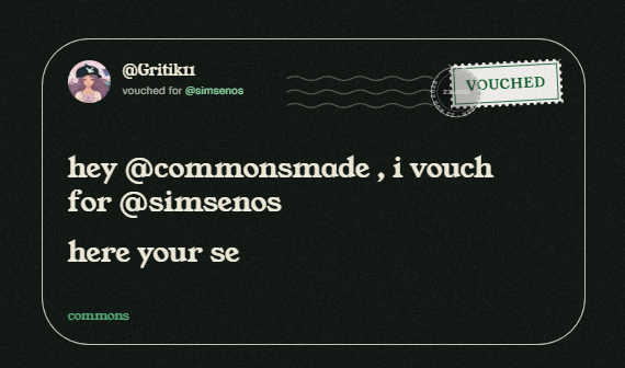 simsenos's tweet photo. hey
@commonsmade
, i vouch for
@Gritik11 

ill back for you https://t.co/2rXKkZy8yC