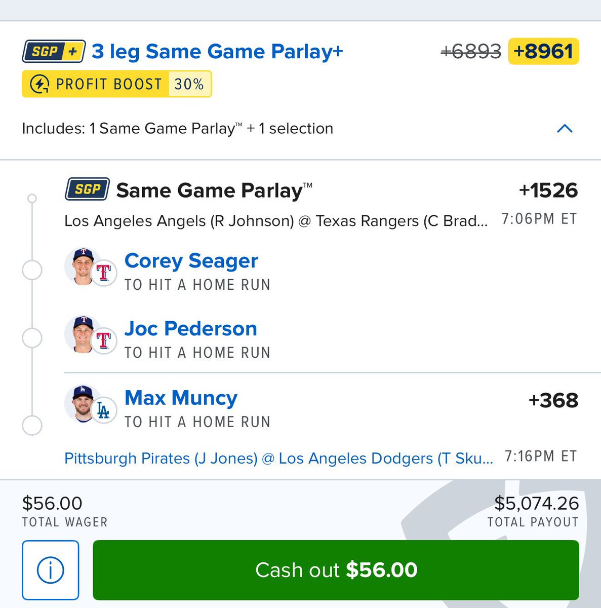 BuiltByDrepx's tweet photo. 🔥 $56 → $5,074.26 if this 3-leg SGP+ hits 👀

Corey Seager HR
Joc Pederson HR
Max Muncy HR

+8961 odds 😮‍💨

Would you tail this or fade it? 👇

#MLB #SportsBetting #BettingX
@Playbook https://t.co/bnhtqOPFar