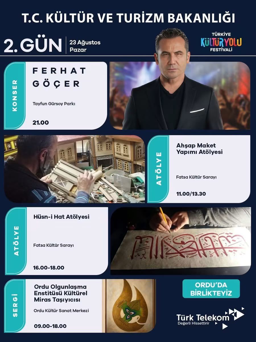 mhilmiguler's tweet photo. Türkiye Kültür Yolu Festivali kapsamında Ordu’muzda birbirinden renkli etkinlikler Ordulu hemşehrilerimizle buluşuyor.

Tüm hemşehrilerimizi kültür ve sanat dolu 2. gün etkinliklerine bekliyoruz. 💙

📅 23 Ağustos Pazar programı sizlerle. https://t.co/8vtj156cSX