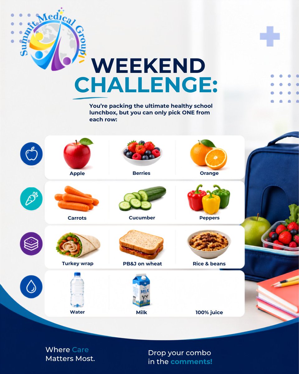 SummitMedGroup's tweet photo. Our nutritional medicine team says the best lunch is the one your child actually eats colorful, balanced, and kid-approved. 👇 #SummitMedicalGroup #ColumbiaMD #WhereCareMattersMost #HealthyLunchbox #BackToSchool #KidsNutrition https://t.co/YJkJanDgGx