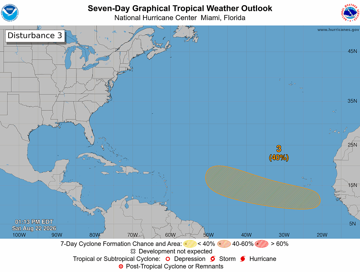 atthestoorm's tweet photo. Disturbance #3 on the NHC Map has been favored by the NHC and has been bumped to a 40% chance of cyclone formation, hinting the likelihood of a possible Tropical Storm.

#tropicswx #wxtwitter https://t.co/bdV2ah1i70
