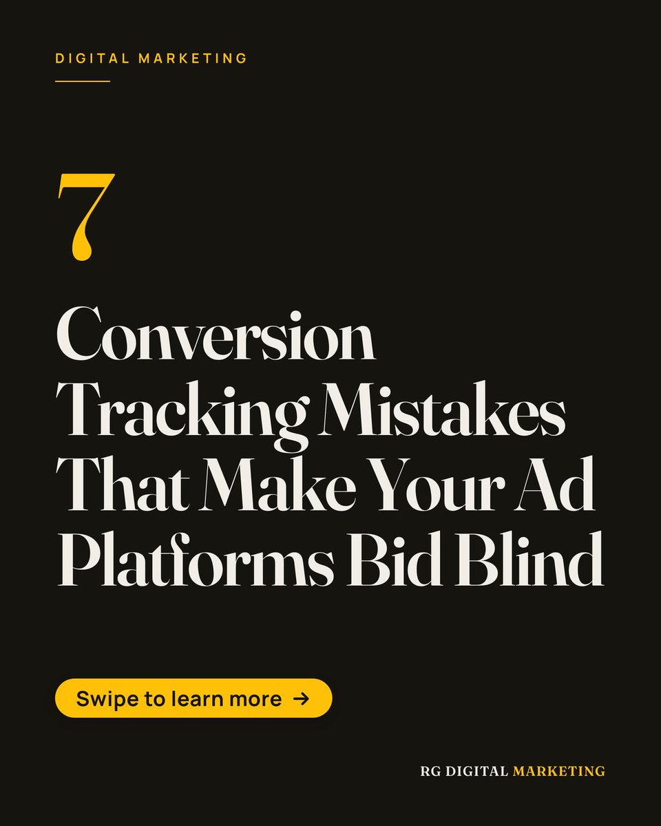 RGDM_'s tweet photo. These 7 conversion tracking mistakes cause ad platforms to bid blind. Fix them to stop wasting budget and get accurate ROAS data.

Full article: Marketing Insights Blog

Ready now? Tap “Book Your Free Call Today” in our bio.

#digitalmarketing #marketing https://t.co/soyWWEbDia