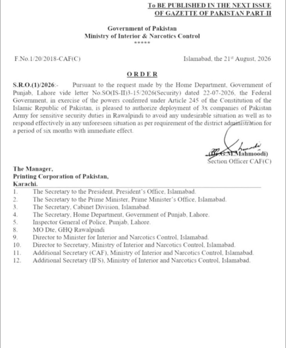 AhsanJunaidAJ's tweet photo. Rawalpindi: The federal government has approved deployment of three Pakistan Army companies under Article 245 for six months to assist the civil administration in maintaining law and order and security across the city.
#Rawalpindi #Pakistan #Article245 #Security #Breaking https://t.co/E5rTTkdXFy