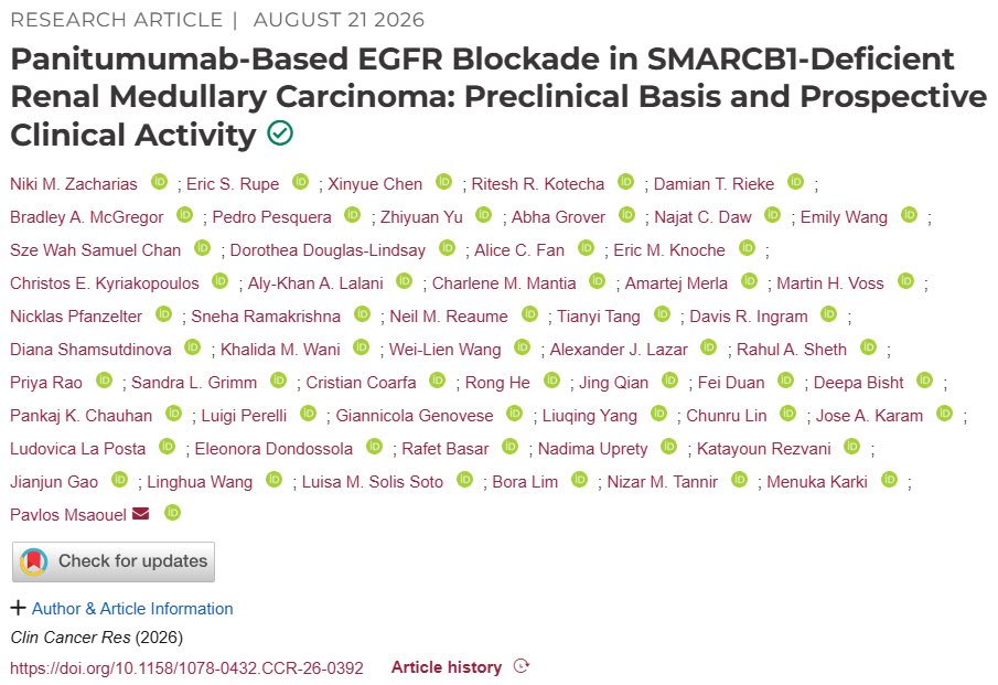 PavlosMsaouel's tweet photo. 1/5 Our study on panitumumab-based EGFR blockade in renal medullary carcinoma (RMC) is out in Clinical Cancer Research: https://t.co/mU9znGC4mq #MsaouelLab, #endRMC #kidneycancer https://t.co/yquXjoQd0S