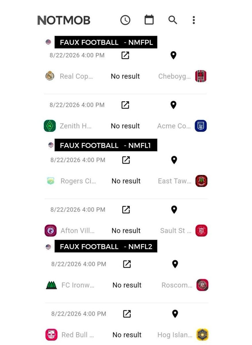 NMFFLsoccer's tweet photo. Our final games of the night are here.

NMFPL
Copper Harbor v Cheboygan Rovers
Zenith Houghton v Acme Coyotes

NMFL1
Rogers City v East Tawas Lumbermen
Afton Villa v Sault St Marie FC

NMFL2
FC Ironwood v Roscommon Common
Red Bull TC v Hog Island https://t.co/WVjRHS5rpu