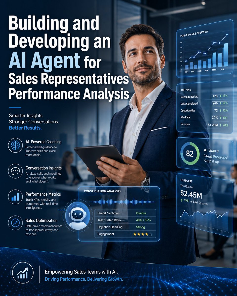 HAGOCommunity's tweet photo. Building and Developing an AI Agent for Sales Representatives Performance Analysis

Companies are increasingly relying on data to understand sales team performance and improve results. However, many companies have large amounts of sales data without having an intelligent way to analyze it and extract valuable insights.

This creates an opportunity to build and develop an AI agent for sales representatives performance analysis, a smart system that works as an assistant for sales managers by collecting sales data, analyzing representatives’ performance, detecting problems, and providing practical recommendations to improve productivity and increase revenue.

Product Concept

The product is an AI-powered agent connected to the company’s sales systems, such as Customer Relationship Management (CRM) platforms, to continuously monitor sales representatives’ performance and analyze the entire sales process.

Instead of relying on traditional reports filled with numbers, the AI agent transforms raw data into clear business answers, such as:

Who is the top-performing sales representative?
Why are they achieving better results?
Which representatives need training?
Where are sales opportunities being lost?
Which deals are at risk?
What actions should be taken to improve performance?

Key Features of the AI Agent

1. Sales Representative Performance Analysis

The AI agent analyzes important sales metrics, including:

Number of calls.
Number of meetings.
Leads generated.
Closed deals.
Revenue generated.
Sales cycle duration.
Conversion rates.

Then it creates an intelligent performance evaluation for each sales representative.

Example:

"The sales representative has a high level of customer engagement, but the deal closing rate is below the team average, indicating a need to improve negotiation skills."

2. Early Problem Detection

The agent continuously monitors performance and identifies potential issues before they impact revenue.

Example:

"The representative’s number of customer meetings has decreased by 30% over the last two weeks, which may affect monthly sales targets."

This allows sales managers to take action early.

3. Smart Recommendations

The system does not only display data; it provides actionable recommendations.

Examples:

Assign more leads to representatives with high closing rates.

Provide training for representatives who struggle with objections.

Improve customer follow-up processes.
Redistribute sales opportunities among team members.
4. Sales Forecasting
By analyzing historical data, the AI agent can predict:

Expected monthly sales.

Deals most likely to close.

Risks that may prevent reaching sales targets.

Practical Explanation: How to Build and Develop the Application
Building this product requires several technical components working together.
First: Collecting Sales Data

The first step is connecting the AI agent to the company’s data sources.

The system can integrate with:

CRM platforms such as Salesforce or HubSpot.

Company databases.

Excel files or Google Sheets.

Call tracking and meeting management tools.
Technologies used include:
REST APIs for connecting different systems.
Webhooks for receiving real-time updates.

ETL tools for cleaning and preparing data before analysis.

Practical example:
When a sales representative closes a deal inside the CRM system, the information is automatically sent to the AI agent database, where it is analyzed.
Second: Data Storage

The application needs databases to store and organize sales information.

Possible technologies:

PostgreSQL for structured sales data.

MongoDB for flexible and unstructured data.

Redis for fast access to frequently used information.

Stored data includes:

Sales representatives’ information.
Customers.
Deals.

Call results.

Historical performance data.
Third: Building the AI Analysis Engine
This is the core part responsible for intelligence and decision-making.
Possible technologies:
Large Language Models (LLMs) such as GPT for analyzing reports and generating recommendations.

AI agent frameworks such as LangChain or LlamaIndex.

Machine Learning models for sales forecasting and performance prediction.

Practical example:

The system sends sales data to the AI model:

"Sales representative: 120 calls, 25 meetings, 5 closed deals, average deal value $8,000."
The AI agent analyzes the information and responds:
"The representative performs well in generating opportunities, but the conversion rate from meetings to closed deals can be improved."

Fourth: Building the Dashboard

Sales managers need an easy interface to monitor results.

Possible technologies:

React or Next.js for the user interface.

Tailwind CSS for UI design.

Chart.js or D3.js for data visualization.

The dashboard can include:

Sales representative rankings.

Performance indicators.

Smart alerts.
Sales forecasts.
AI-generated recommendations.

Fifth: Smart Notification System

The application can send automatic alerts when important changes occur.
Technologies include:
Email APIs for sending reports.
Slack or Microsoft Teams integrations.
Scheduling services for running daily or weekly analysis.

Example:

Every Monday, the sales manager receives a report:

"Weekly Summary:

Top performer: Ahmed.

Biggest opportunity requiring attention: ABC Company.
Largest performance decline: Sales representative Khaled.
Recommendation: Review follow-up strategy."

Sixth: Developing the MVP Version

To launch quickly, the first version can include:

Uploading sales data files.

Analyzing team performance.
Generating AI-powered reports.
Providing recommendations.
After validating the product, advanced features can be added:

Sales call analysis.

Communication quality evaluation.

AI assistant for sales managers.

Revenue prediction.
Suggested Technical Architecture
Example architecture:
Frontend:

React / Next.js

Backend:
Python FastAPI or Node.js
Database:
PostgreSQL

AI Layer:

OpenAI API

LangChain

Data Processing:

Python

Pandas

Integrations:

CRM APIs

Cloud Deployment:

AWS, Google Cloud, or Microsoft Azure

Business Value of the Product
This AI agent provides companies with direct benefits:

Saves sales managers’ time.

Improves sales team performance.
Detects problems before they impact revenue.

Increases deal closing rates.

Converts raw data into actionable business decisions.

Conclusion

Building and developing an AI agent for sales representatives performance analysis is not just a reporting tool; it is an intelligent assistant that continuously helps companies understand their sales teams and make better decisions.

The real power of this product comes from combining data analytics, artificial intelligence, and practical recommendations. This transforms the system from a simple dashboard into an intelligent partner that helps sales managers achieve their goals and improve business results.