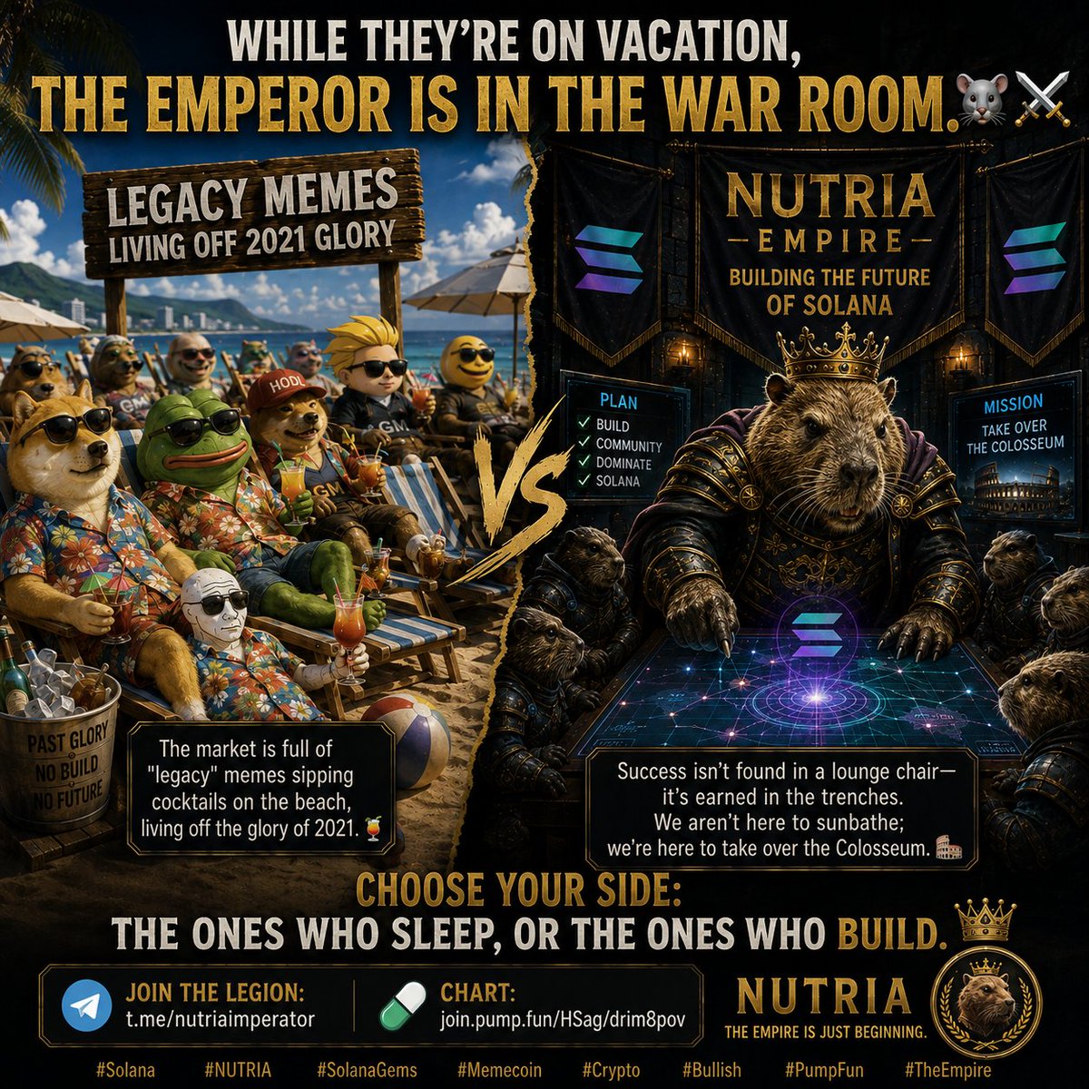 NutriaImperator's tweet photo. Welcome to the Nutria Empire ($NUTRIA) 🏛️🐀
"Rome didn't fall. It submerged into the marshes to conquer Solana."
$NUTRIA is a lore-driven 3D ecosystem built on Solana. We combine cinematic visuals, a structured 4-phase roadmap, and an organic community: The Legion.
📜 The Masterplan
Phase 1: The Catacombs (ACTIVE) 🛡️
Core foundations & organic community growth.
Strategic floor defence on https://t.co/2oaTW9ESwM + 3D visuals.
Phase 2: The Colosseum ⚔️
Raydium DEX migration & global marketing.
Phase 3: The Senate 🏛️
Holder utilities & Asian market expansion.
Phase 4: Total Dominion 👑
Complete ecosystem rollout.
💎 Why $NUTRIA?
Custom 3D Art: High-tier, original cinematic visuals.
Long-Term Focus: Zero dev dump mechanics.
Legion Driven: Built on pure conviction, not short-term noise.
🔗 Official Links
🐦 X: https://t.co/sBxWpw9MfS
📊 Chart: https://t.co/5atZMe9Z9u
💬 Telegram: https://t.co/F5Z2hNuD6J
🛡️ Discord: https://t.co/UWJKeHjytM
March with the Emperor. Phase 1 is just the beginning. ⚔️
(React with 🏛️ to align with the Legion!)
