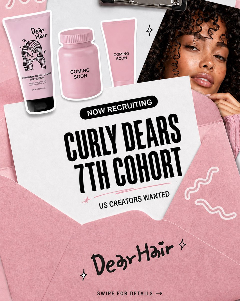 dropi1's tweet photo. Curly Dears 7th Cohort is recruiting US-based creators passionate about haircare and short-form content. Get early access to 2 new DearHair products plus a $50 reward. Create and post 2 videos to apply. Comment “CURLY DEARS” or DM “CURLY DEARS 7. https://t.co/OVewjUw5tH