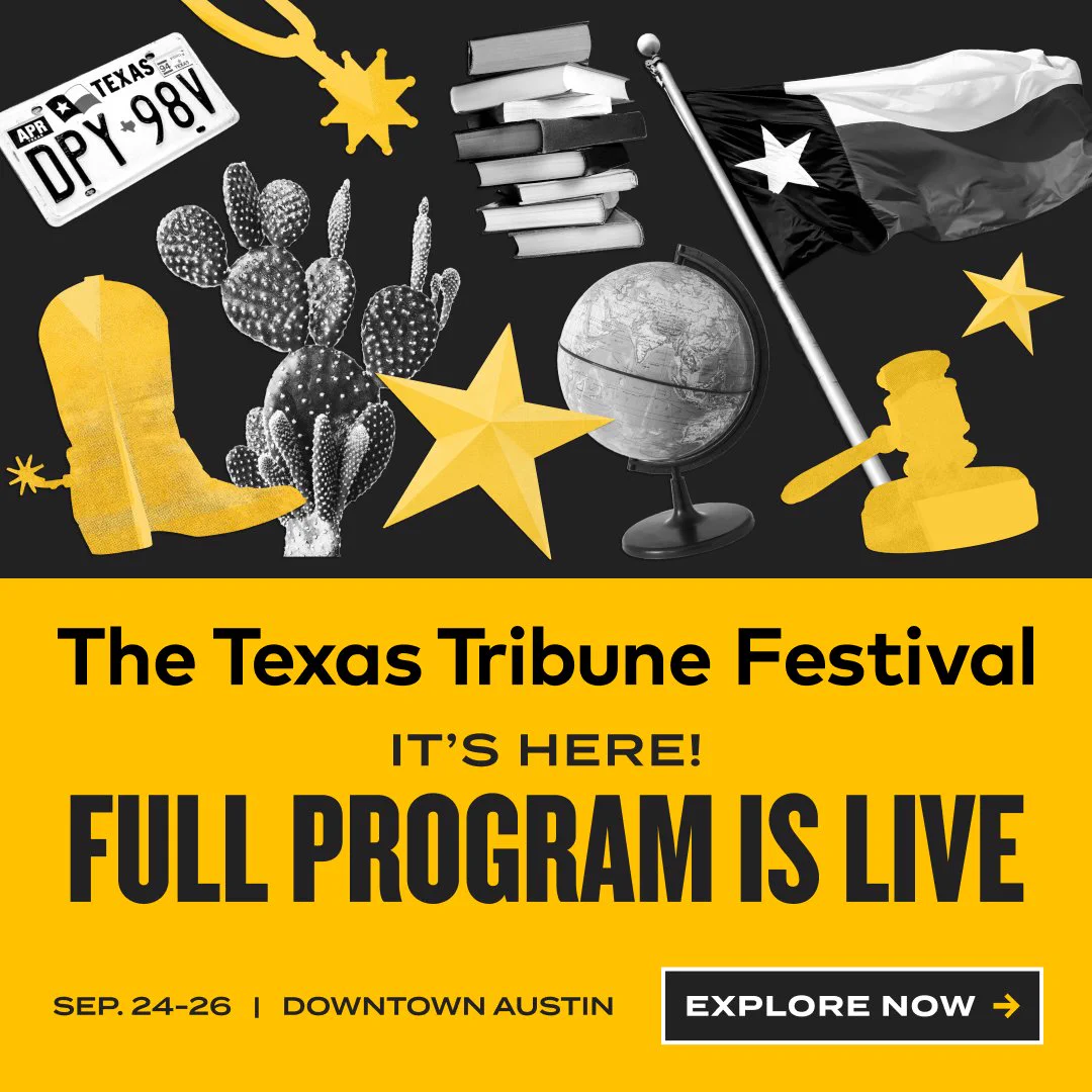 This graphic promotes ticket sales for the 2026 Texas Tribune Festival. Get tickets for TribFest, happening September Twenty-Fourth through Twenty-Sixth in downtown Austin. Buy tickets at TribFest Dot Org.
