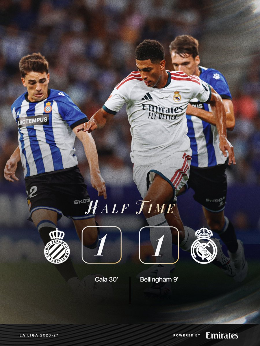 dordoeis's tweet photo. Half-time: Espanyol 1-1 Real Madrid  
Bellingham scored early, Espanyol equalized.  
Güler looked sharp, Vini struggled (yellow card + poor touches).  
Need a much better second half. https://t.co/h62PsxP5fO