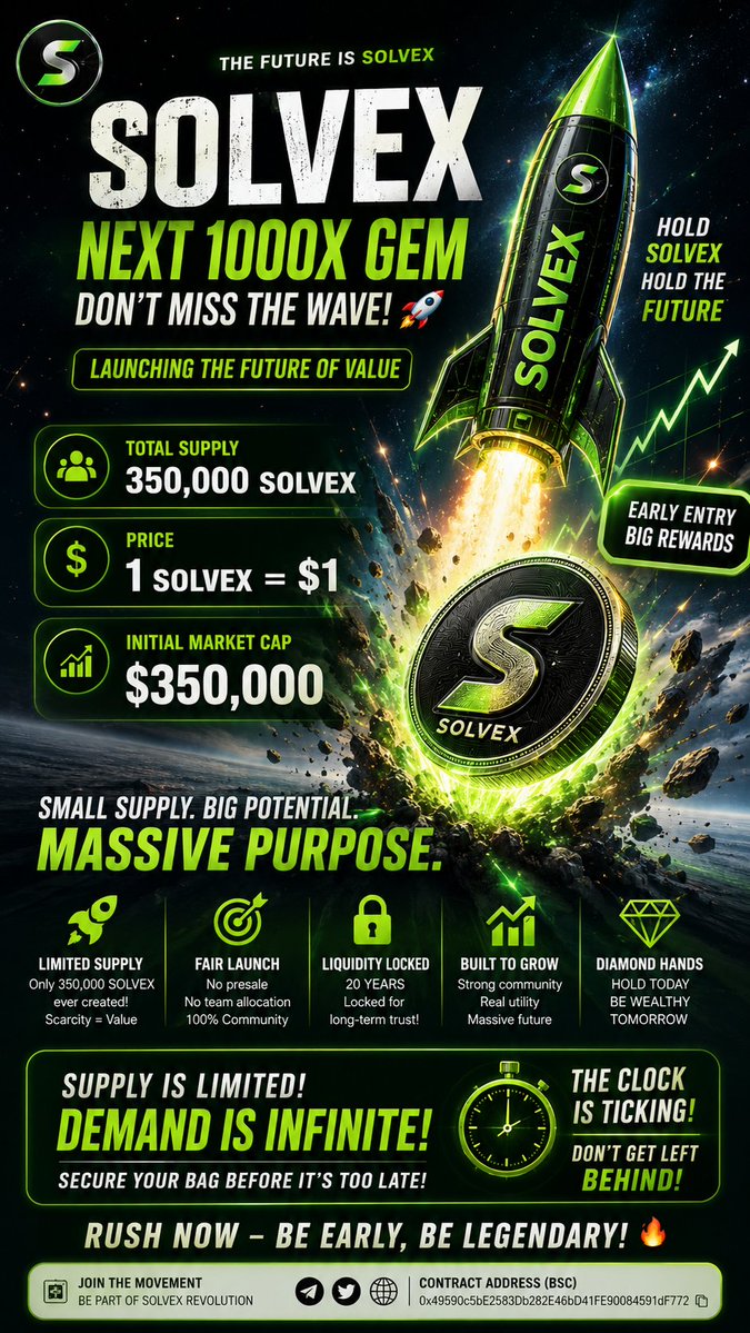 SOLVEXV's tweet photo. 🚀 SOLVEX — JUST GETTING STARTED!

🔥 350,000 TOTAL SUPPLY
💰 1 SOLVEX = $1
📈 $350,000 TARGET MARKET CAP
🔒 LIQUIDITY LOCKED FOR 20 YEARS

Limited supply. Long-term vision. Strong community. ⚡

🌱 Get in early and be part of the SOLVEX journey.

SOLVEX — THE FUTURE IS JUST BEGINNING. 🚀

CA: 0x49590c5bE2583Db282E46bD41FE90084591dF772