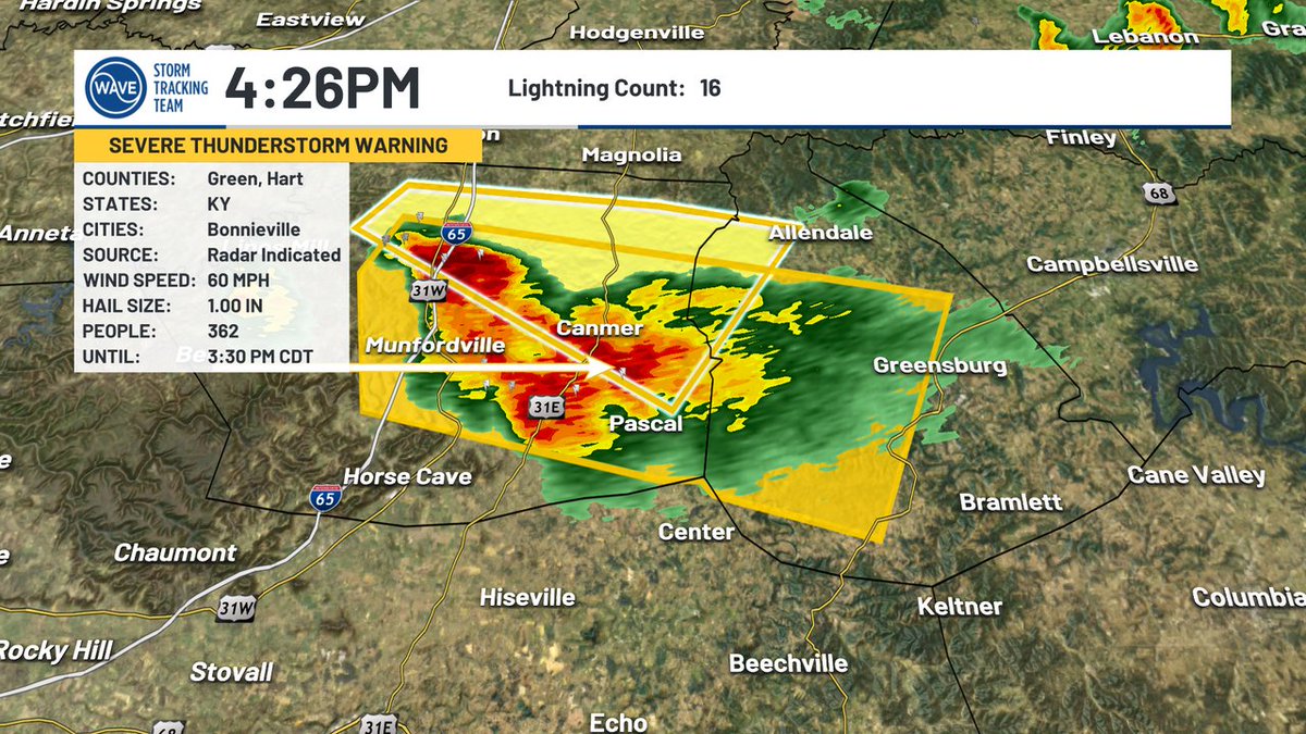 WAVE3Weather's tweet photo. SEVERE T-STORM WARNING for Green, Hart until 8/22 4:15PM CDT. Stay indoors! Livestream: https://t.co/gkm4fYleNk https://t.co/BuEQ30fX4v