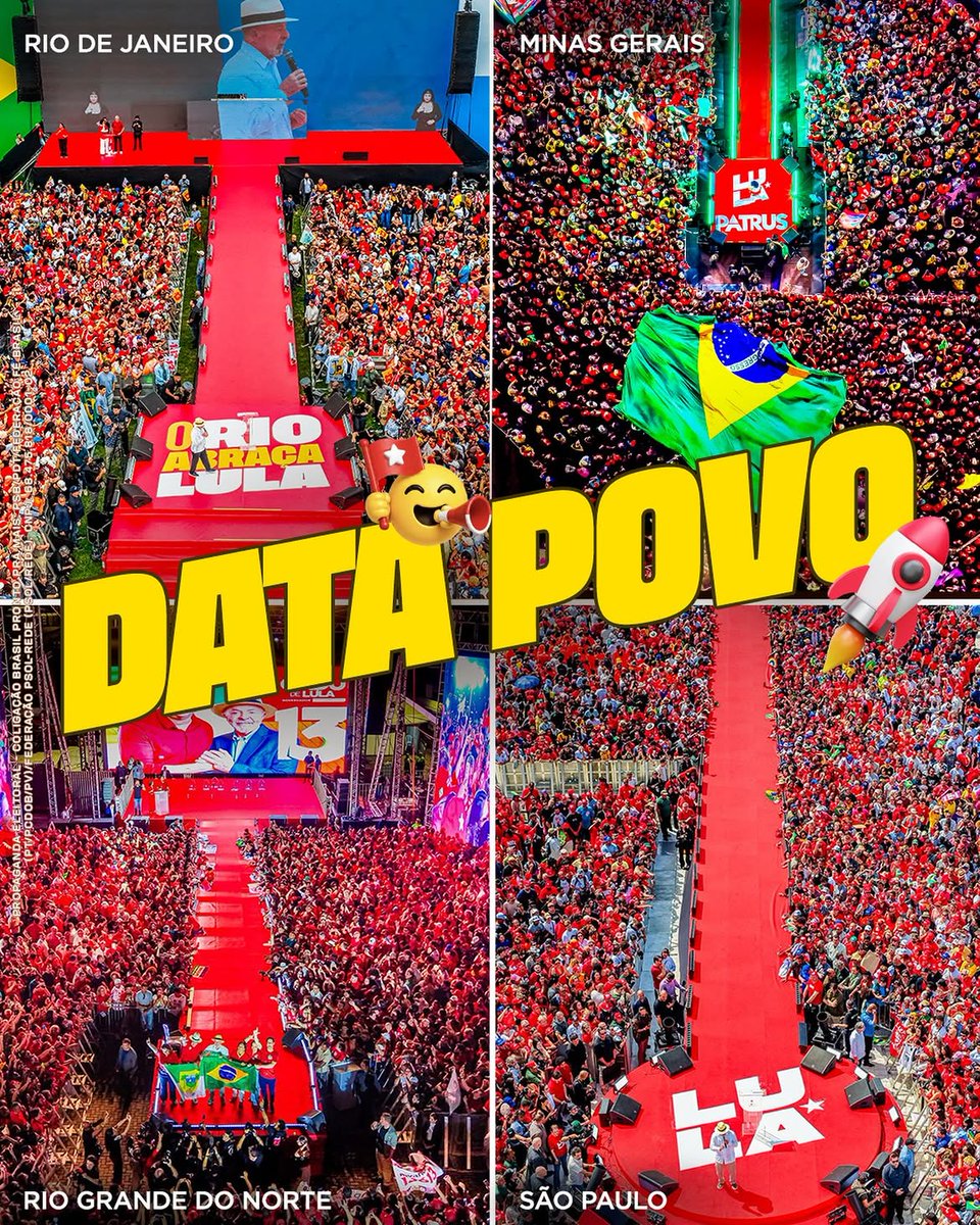 LulaOficial's tweet photo. O DataPovo não deixa dúvida: os atos de campanha do presidente Lula mobilizam multidões por onde passam.

Rio de Janeiro, Belo Horizonte, Natal, São Bernardo. Em cada cidade, o povo mostra que está com Lula e quer fazer parte dessa corrente de esperança e desse momento histórico.

E isso é só o começo. Ainda tem muito encontro pela frente até a vitória. O DataPovo vai continuar registrando essa força e quebrando recordes! 🇧🇷❤️

📸 @ricardostuckert