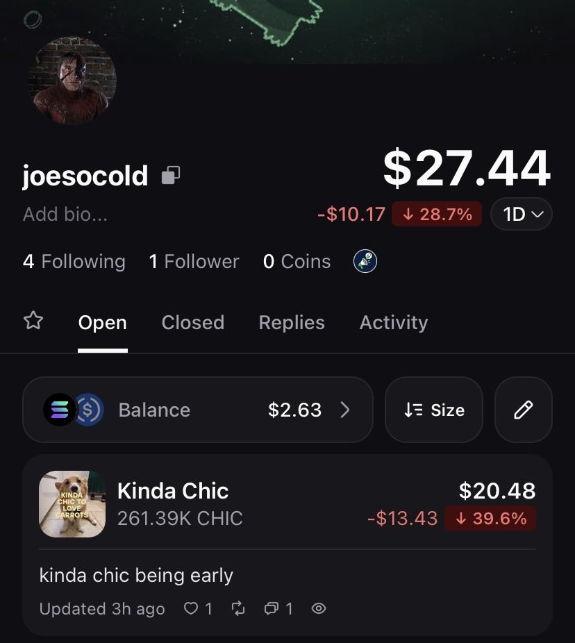 joesocold_'s tweet photo. conviction gamble atm is $CHIC.

i have a horrible entry but i think it can do some numbers.

took this trade using the pumpfun app hoping to farm some of those sweet callout rewards. https://t.co/CZxe1mTide