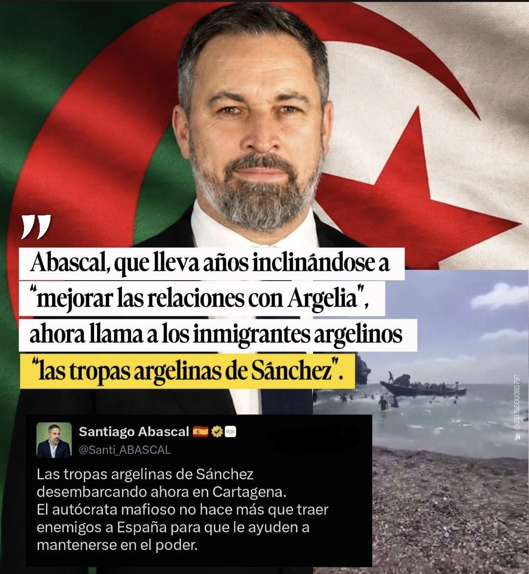 Marokkinhom4's tweet photo. Abascal est passé de « vouloir améliorer les relations avec l’Algérie » à qualifier les immigrés algériens de « troupes algériennes 🇩🇿 de Sánchez ».
Un virage à 180° qui révèle surtout une chose : quand le discours change au gré de l’intérêt politique, les contradictions finissent toujours par parler d’elles-mêmes.