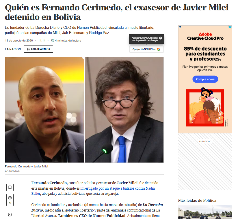 mauroandinoe's tweet photo. Recordemos: Javier Negre, socio de Fernando Cerimedo, acusado en Bolivia por intento de femicidio y enriquecimiento ilícito, asistió como invitado a la posesión presidencial de Daniel Noboa en mayo de 2025. Ambos lideran plataformas digitales de ultraderecha como "La derecha diario", que también ha germinado aquí en Ecuador. Tienen vínculos con todos los presidentes reaccionarios y conservadores de la región. Impulsan campañas trolls y bots para posicionar noticias falsas y destruir la imagen pública de actores políticos progresistas y de izquierda.