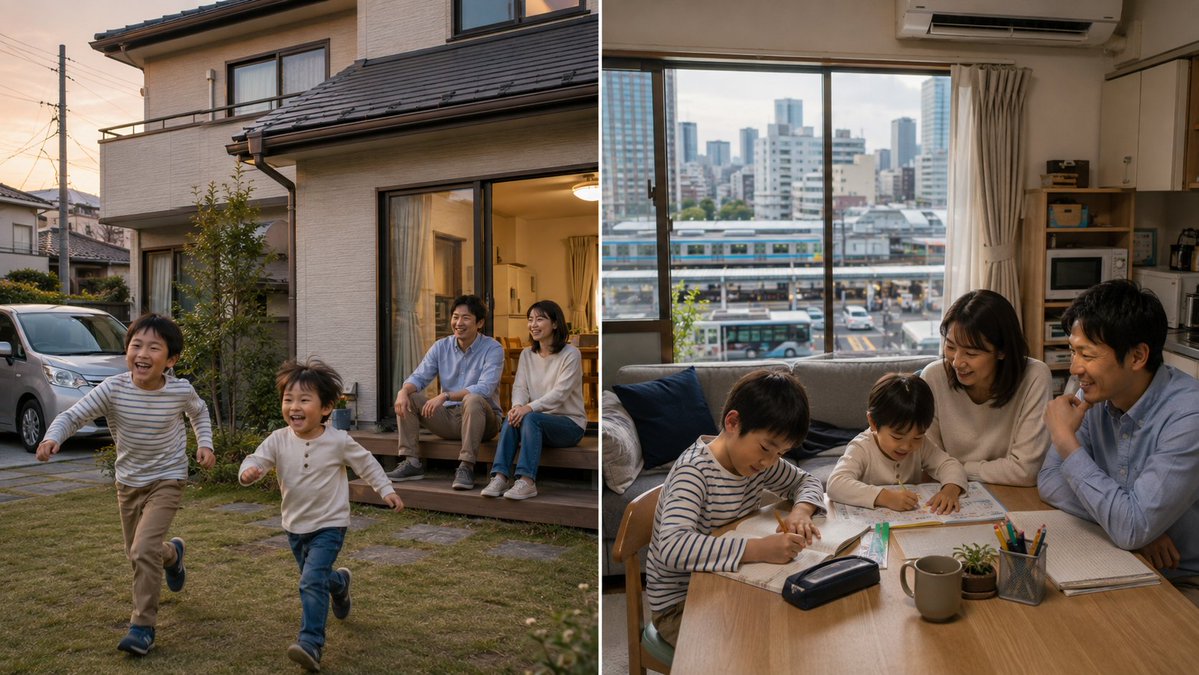 tomsan_001's tweet photo. 人生、どっちを選ぶ？

←通勤1.5時間の郊外、35年ローン、建物の資産価値は残らないが家族は伸び伸び

都心の狭い賃貸、手狭だがローンなく身軽、通勤・通学は近い→ https://t.co/wveCbK5hl9